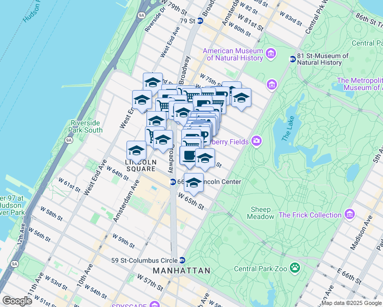 map of restaurants, bars, coffee shops, grocery stores, and more near 198 Columbus Avenue in New York