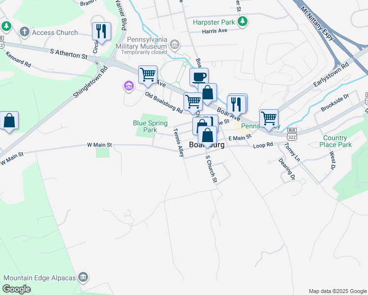 map of restaurants, bars, coffee shops, grocery stores, and more near 135 West Main Street in Boalsburg