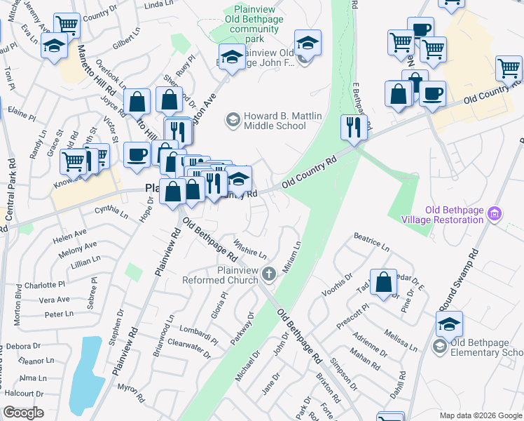 map of restaurants, bars, coffee shops, grocery stores, and more near 62 Jad Court in Plainview