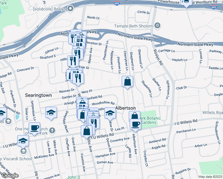 map of restaurants, bars, coffee shops, grocery stores, and more near 100 Netz Place in Albertson