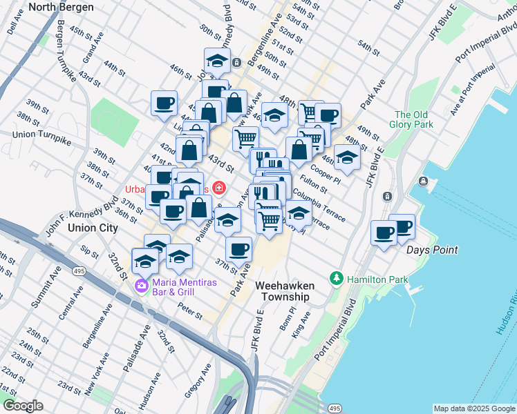 map of restaurants, bars, coffee shops, grocery stores, and more near 115 43rd Street in Union City