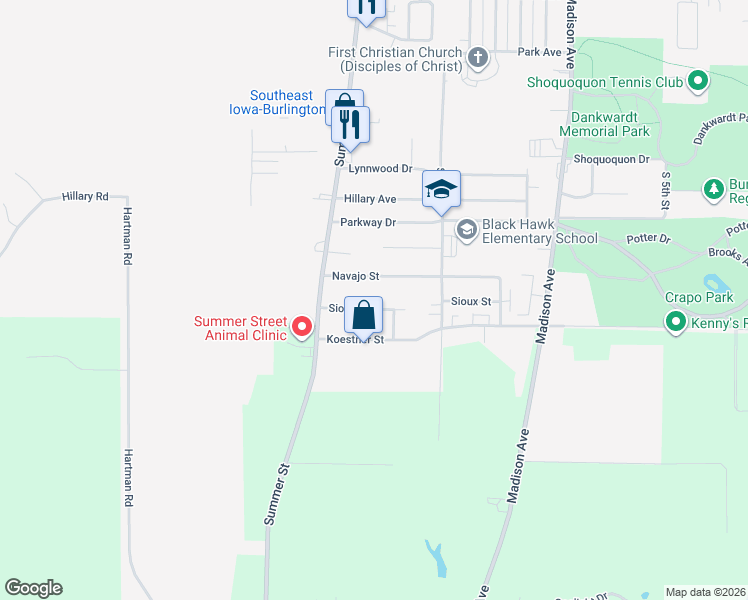 map of restaurants, bars, coffee shops, grocery stores, and more near 1613 Navajo Street in Burlington