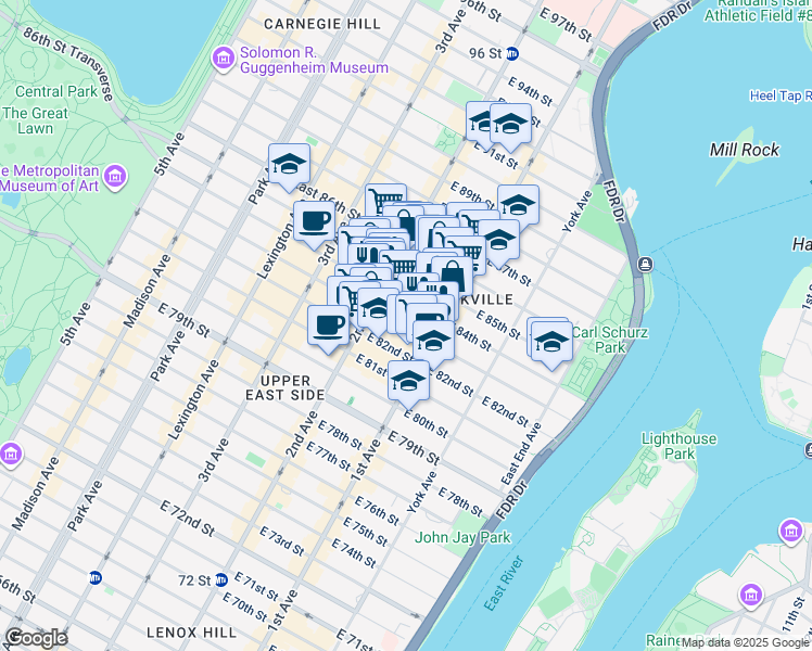 map of restaurants, bars, coffee shops, grocery stores, and more near 325 East 83rd Street in New York