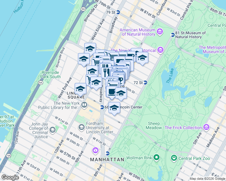 map of restaurants, bars, coffee shops, grocery stores, and more near 106 West 69th Street in New York