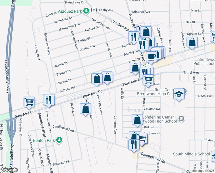 map of restaurants, bars, coffee shops, grocery stores, and more near 55 Pine Aire Drive in Bay Shore