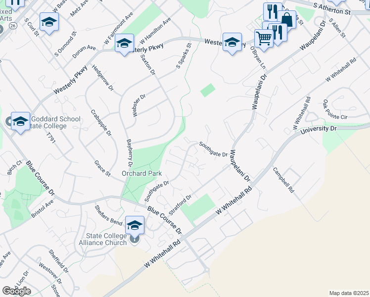 map of restaurants, bars, coffee shops, grocery stores, and more near 843 Southgate Drive in State College