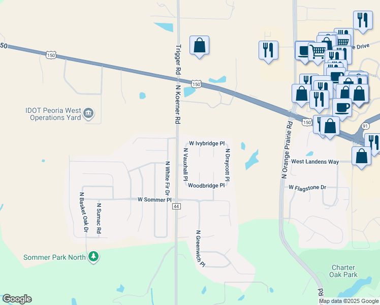 map of restaurants, bars, coffee shops, grocery stores, and more near 6001-6099 Ivybridge Pl in Peoria