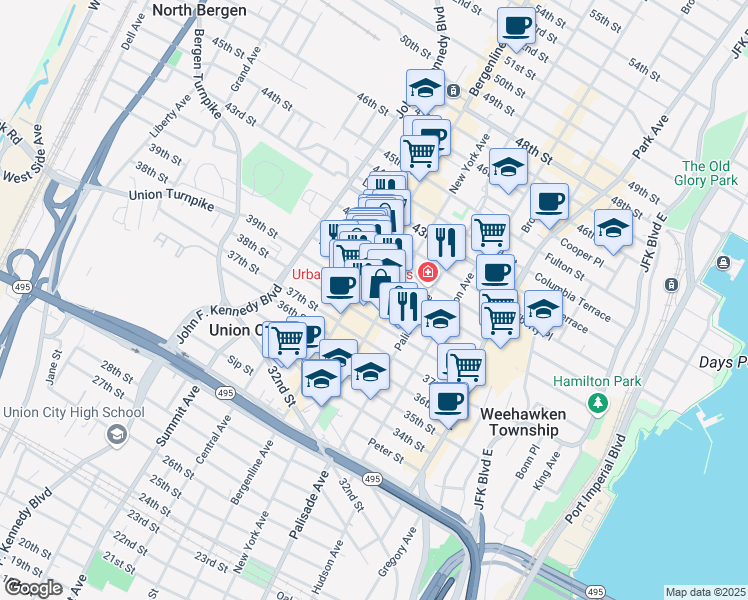 map of restaurants, bars, coffee shops, grocery stores, and more near 402 40th Street in Union City