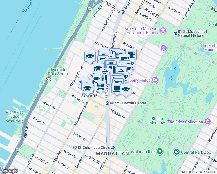 map of restaurants, bars, coffee shops, grocery stores, and more near Broadway in New York