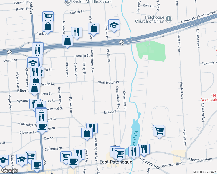 map of restaurants, bars, coffee shops, grocery stores, and more near 11A Washington Place in East Patchogue