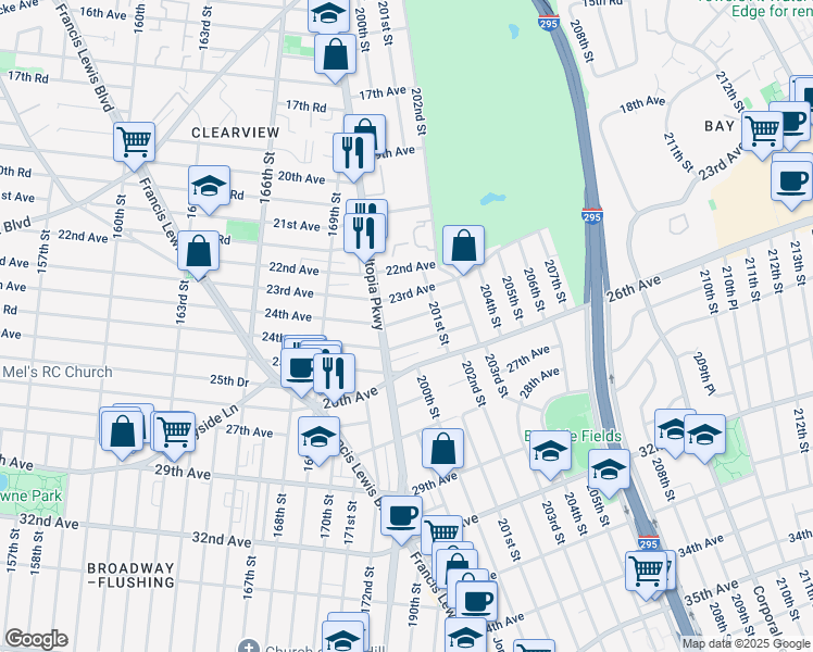 map of restaurants, bars, coffee shops, grocery stores, and more near 199-14 23rd Avenue in Queens