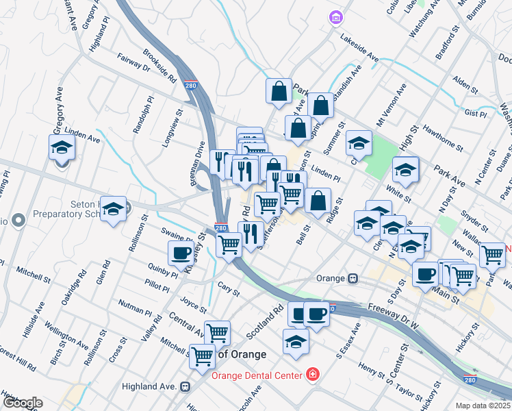 map of restaurants, bars, coffee shops, grocery stores, and more near in West Orange