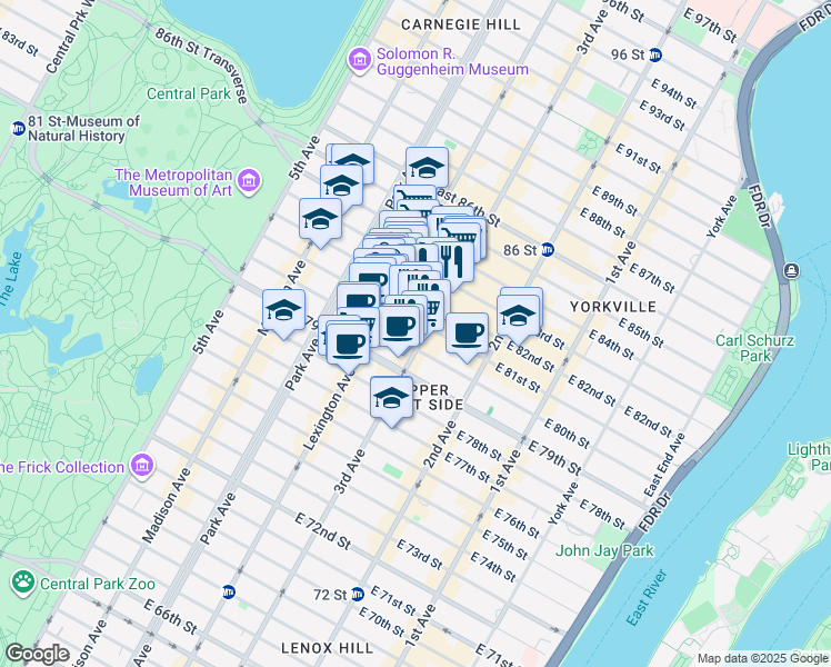 map of restaurants, bars, coffee shops, grocery stores, and more near 1420 3rd Avenue in New York