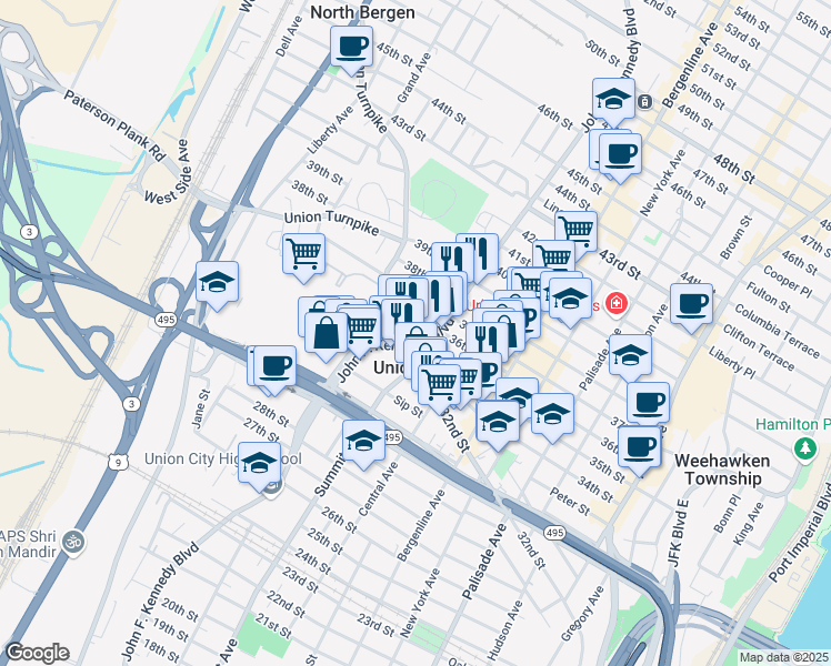 map of restaurants, bars, coffee shops, grocery stores, and more near 616 36th Street in Union City