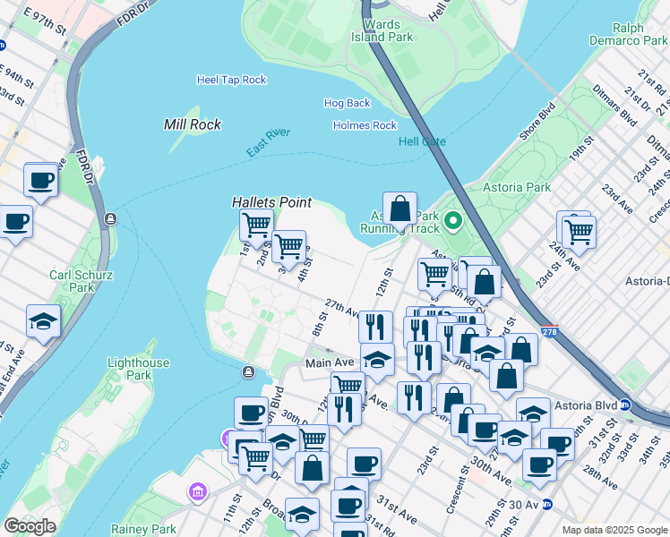 map of restaurants, bars, coffee shops, grocery stores, and more near 13 26th Avenue in Queens