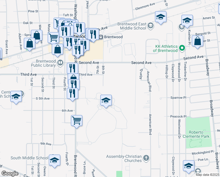 map of restaurants, bars, coffee shops, grocery stores, and more near in Brentwood