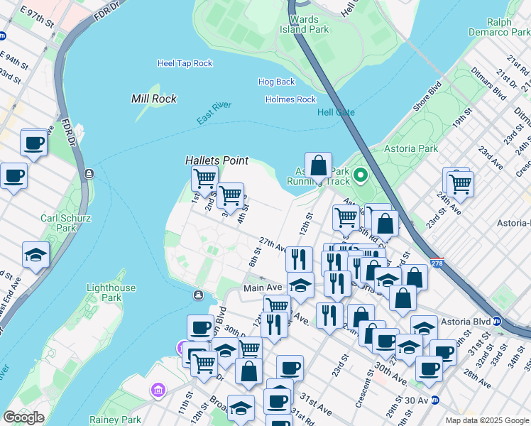 map of restaurants, bars, coffee shops, grocery stores, and more near 13 26th Avenue in Queens