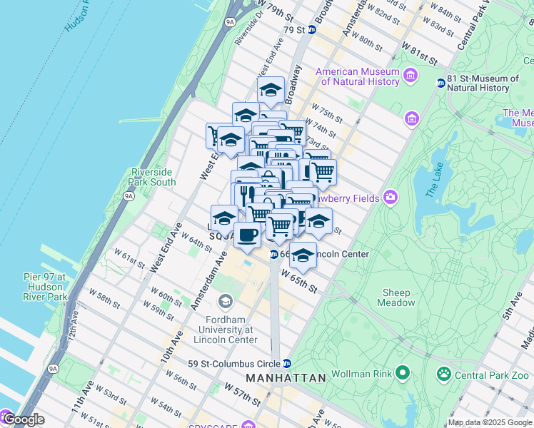 map of restaurants, bars, coffee shops, grocery stores, and more near 179 West 68th Street in New York
