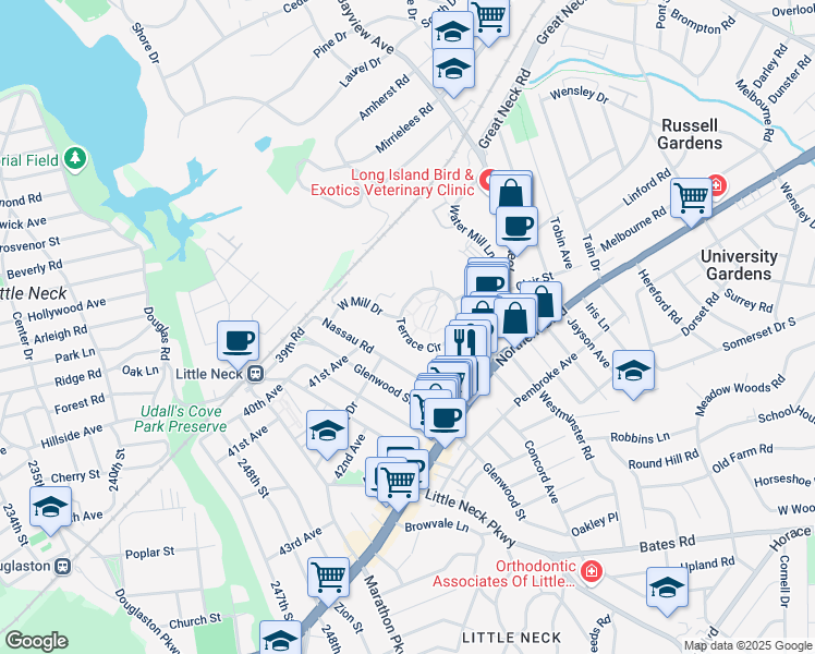 map of restaurants, bars, coffee shops, grocery stores, and more near 5 Terrace Circle in Great Neck