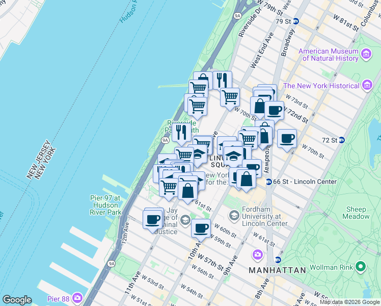 map of restaurants, bars, coffee shops, grocery stores, and more near 320 West 66th Street in New York