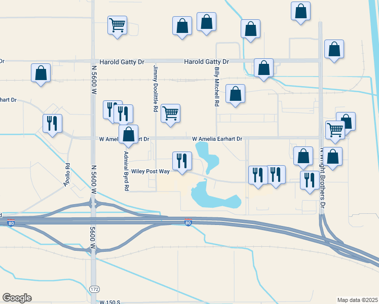 map of restaurants, bars, coffee shops, grocery stores, and more near 5201 West Amelia Earhart Drive in Salt Lake City