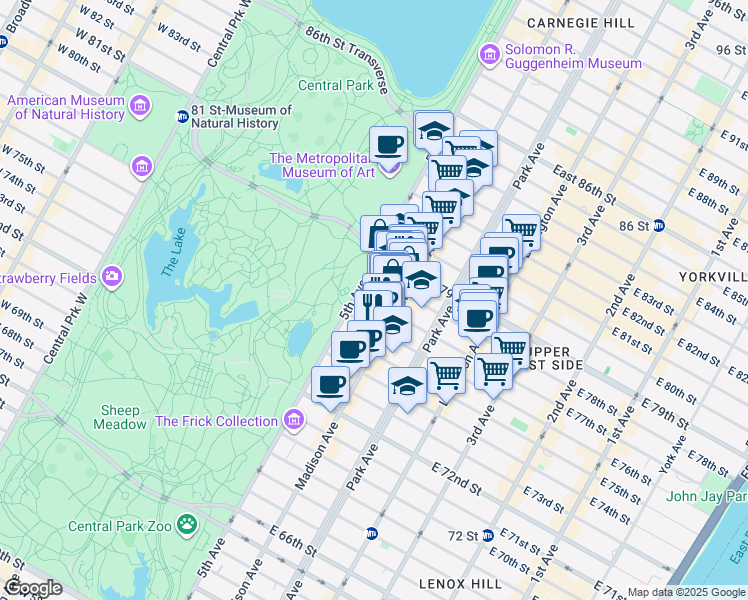 map of restaurants, bars, coffee shops, grocery stores, and more near 5A East 78th Street in New York