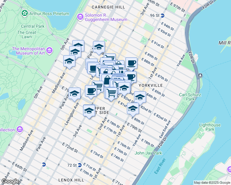 map of restaurants, bars, coffee shops, grocery stores, and more near East 82nd Street in New York