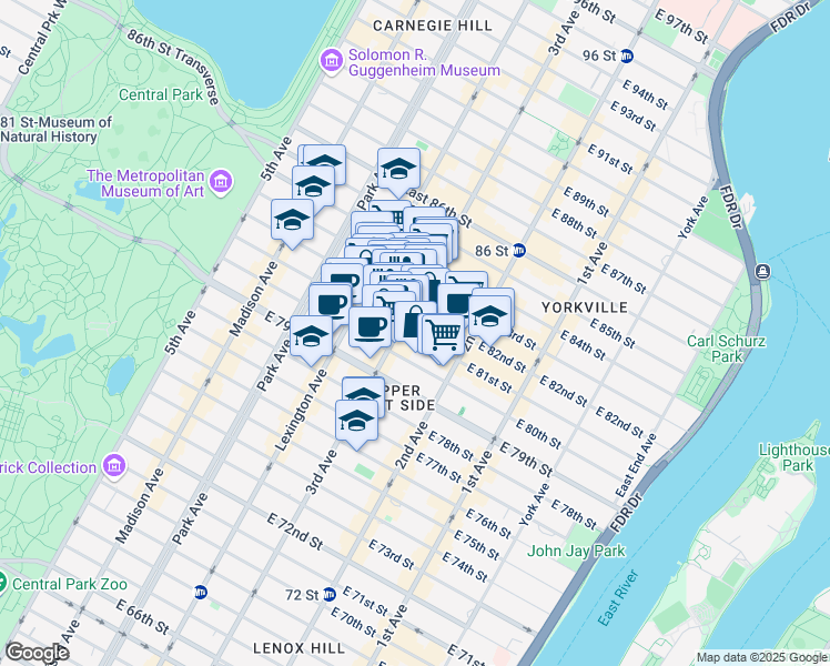 map of restaurants, bars, coffee shops, grocery stores, and more near 209 East 81st Street in New York