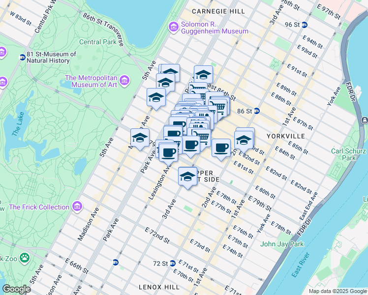 map of restaurants, bars, coffee shops, grocery stores, and more near 152 East 80th Street in New York