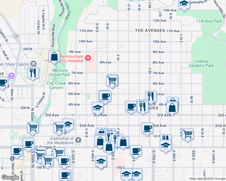 map of restaurants, bars, coffee shops, grocery stores, and more near 279 N Street in Salt Lake City