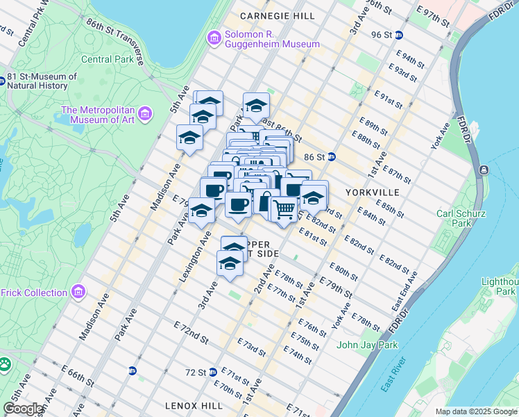 map of restaurants, bars, coffee shops, grocery stores, and more near 1429 3rd Avenue in New York
