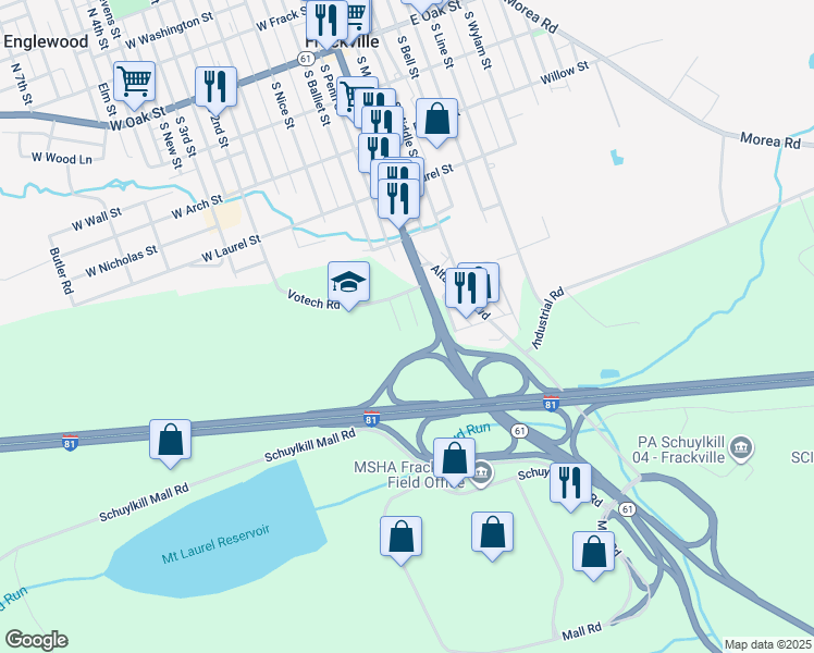 map of restaurants, bars, coffee shops, grocery stores, and more near 629 South Penn Street in Frackville