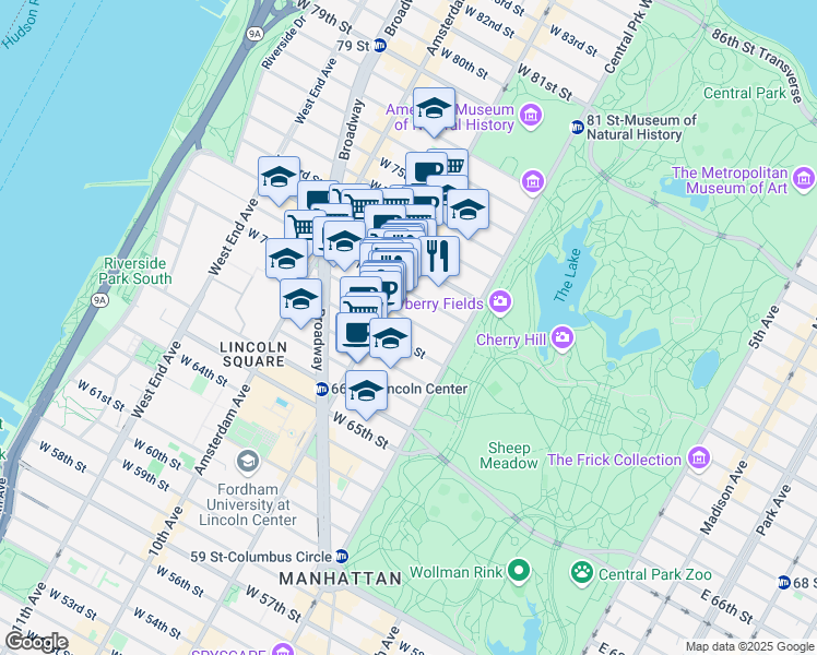 map of restaurants, bars, coffee shops, grocery stores, and more near 44 West 70th Street in New York