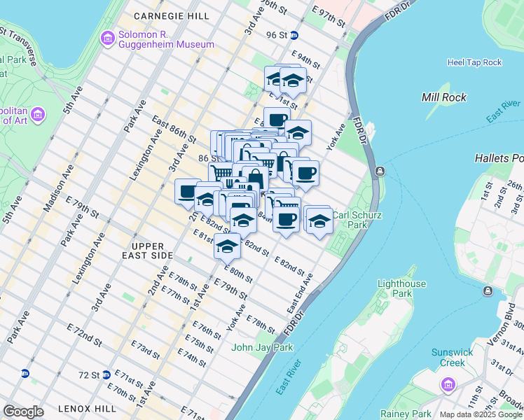 map of restaurants, bars, coffee shops, grocery stores, and more near 1634 1st Avenue in New York