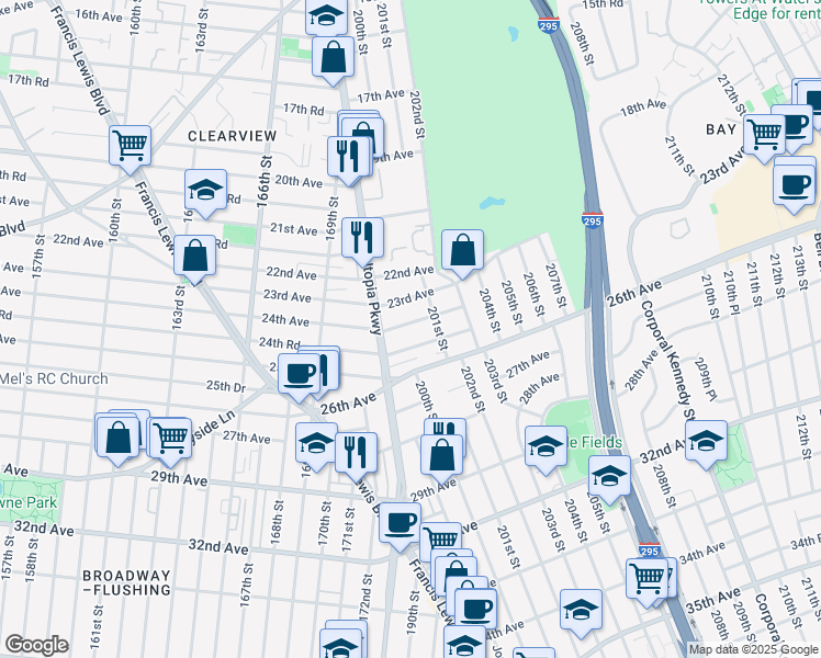 map of restaurants, bars, coffee shops, grocery stores, and more near 199-14 23rd Avenue in Queens