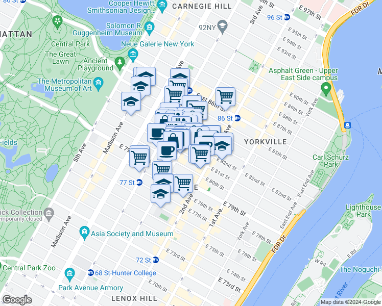 map of restaurants, bars, coffee shops, grocery stores, and more near 1445 3rd Avenue in New York