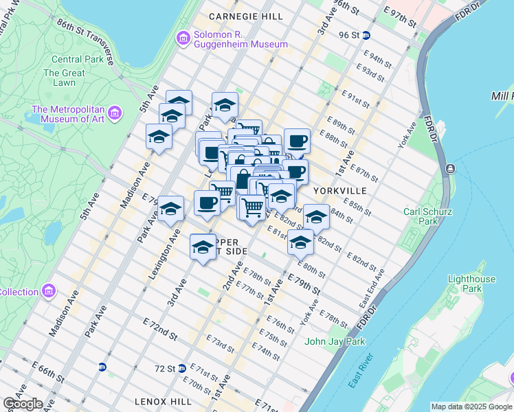 map of restaurants, bars, coffee shops, grocery stores, and more near 225 East 82nd Street in New York