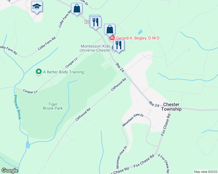 map of restaurants, bars, coffee shops, grocery stores, and more near 10 Cliffwood Rd in Chester Township