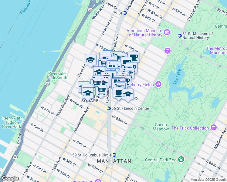 map of restaurants, bars, coffee shops, grocery stores, and more near 140 West 69th Street in New York
