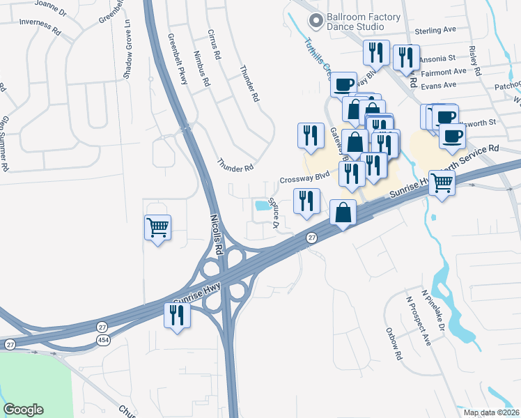 map of restaurants, bars, coffee shops, grocery stores, and more near 19 Spruce Drive in Holbrook