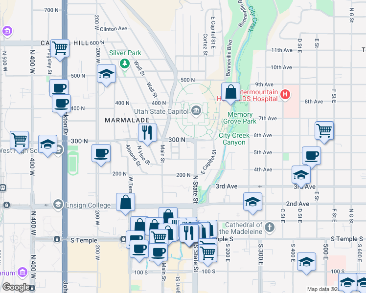 map of restaurants, bars, coffee shops, grocery stores, and more near 52 East 300 North in Salt Lake City