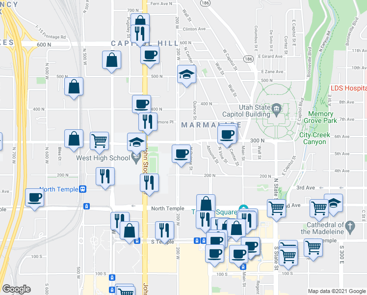 map of restaurants, bars, coffee shops, grocery stores, and more near 202 West 300 North in Salt Lake City