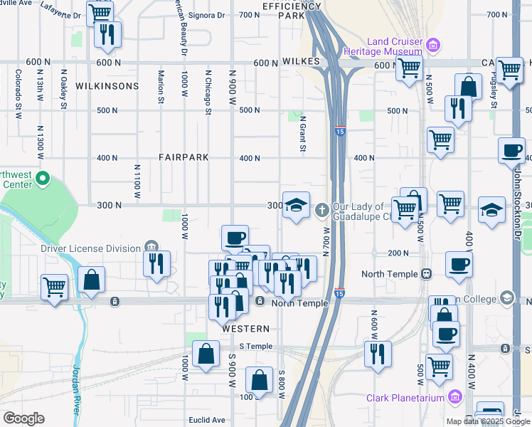map of restaurants, bars, coffee shops, grocery stores, and more near 822 West 300 North in Salt Lake City