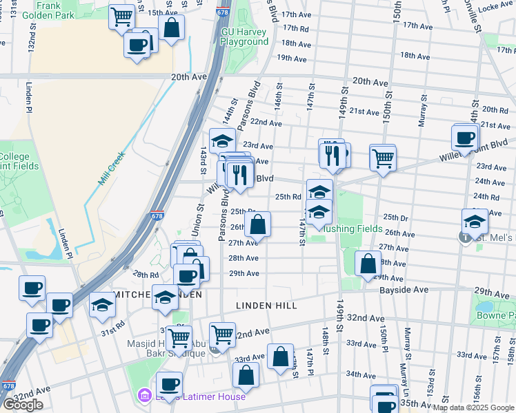 map of restaurants, bars, coffee shops, grocery stores, and more near 144-47 25th Road in Queens