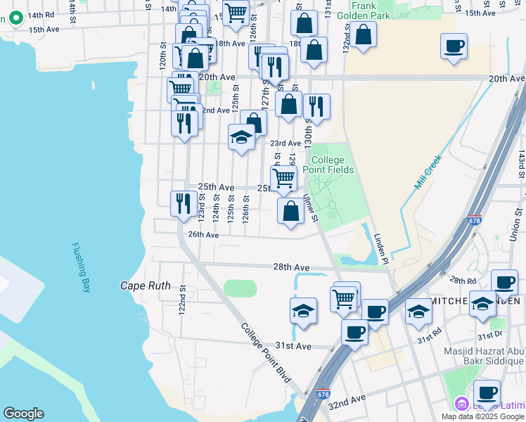 map of restaurants, bars, coffee shops, grocery stores, and more near 25-18 127th Street in Queens