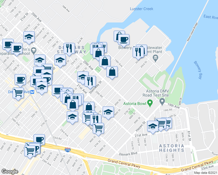 map of restaurants, bars, coffee shops, grocery stores, and more near 41-05 20th Avenue in Queens