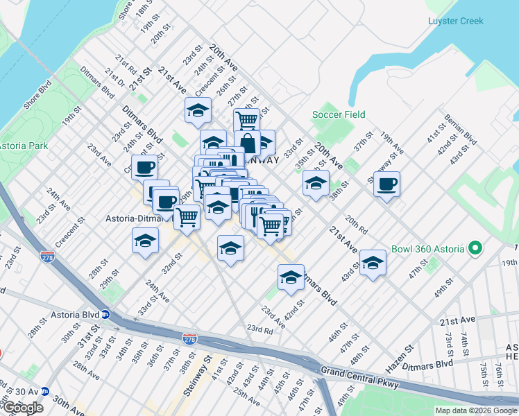 map of restaurants, bars, coffee shops, grocery stores, and more near 21-38 35th Street in Queens