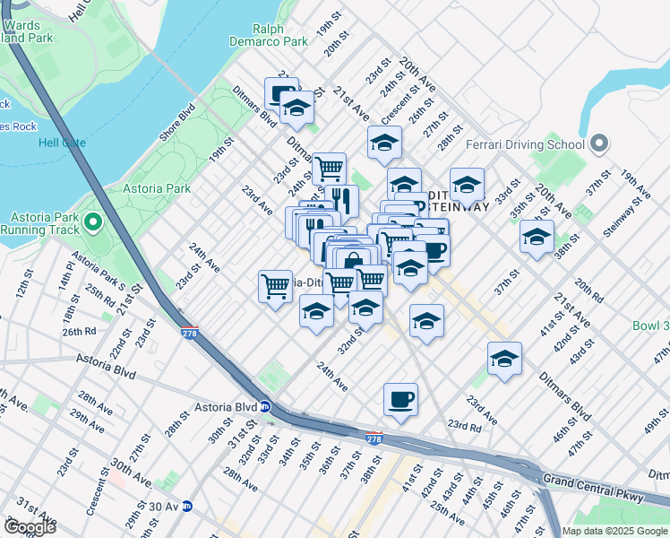 map of restaurants, bars, coffee shops, grocery stores, and more near 22-64 28th Street in Queens