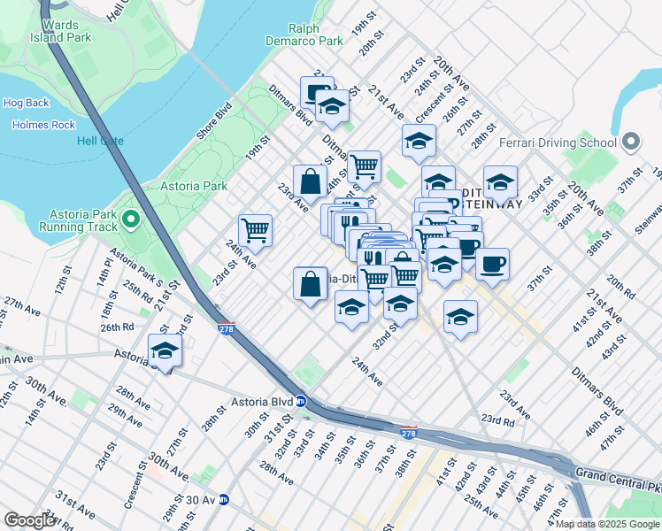 map of restaurants, bars, coffee shops, grocery stores, and more near 2620 23rd Avenue in Queens