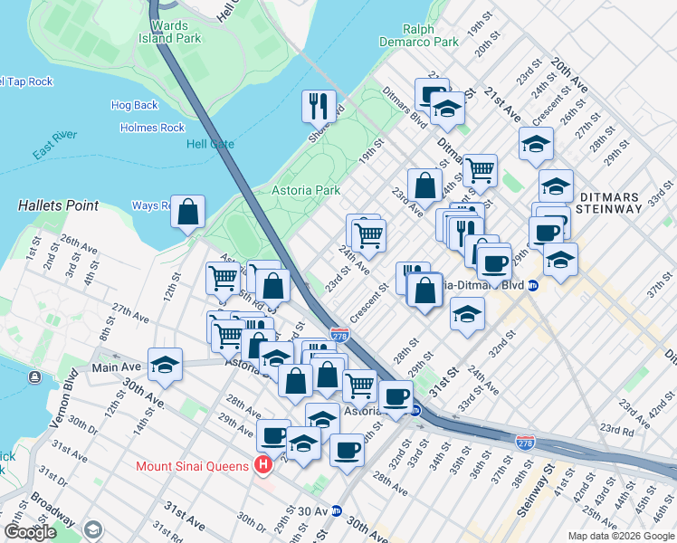 map of restaurants, bars, coffee shops, grocery stores, and more near in Queens